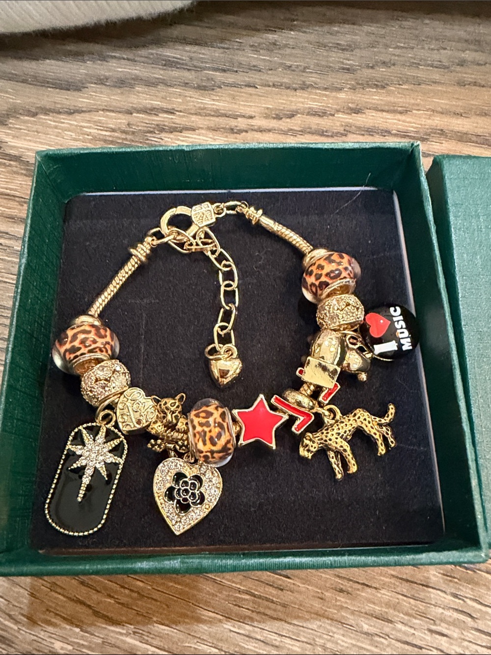 18k Plated Leopard Bead Charm Bracelet with Red Star Accent Pandora Style